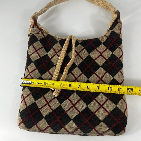 Reversible Sweater Purse Satchel Plaid Knit Wood Winter Cozy Fall Accessory Bag - Picture 9 of 10